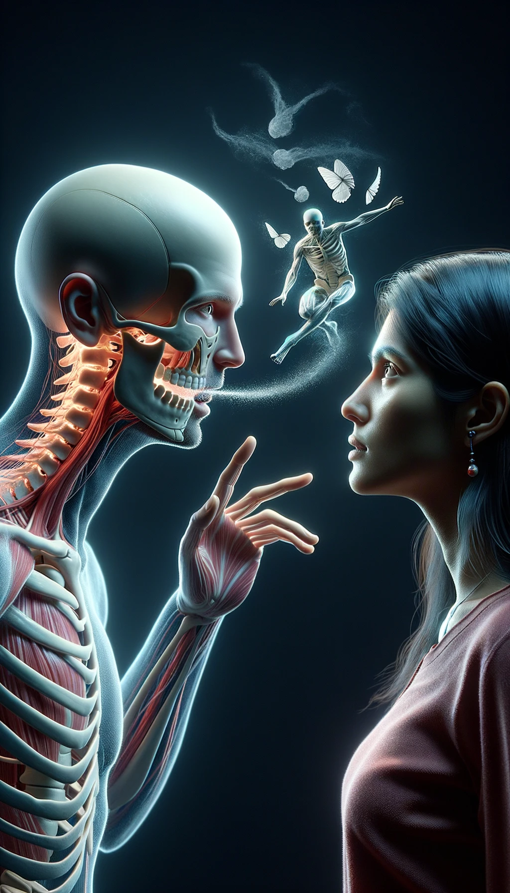 corpo umano anatomico che parla ma sopra di lui c'è il muto, un altra persona lo ascolta, immagine iperrealistica 4k emoji