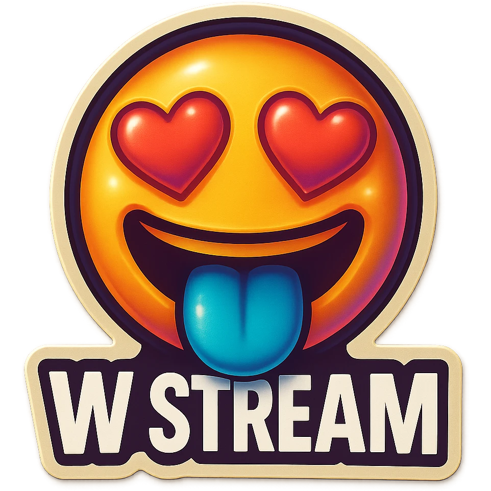 mouth open with tongue out heart shaped eye add the words “ W Stream " in White emoji