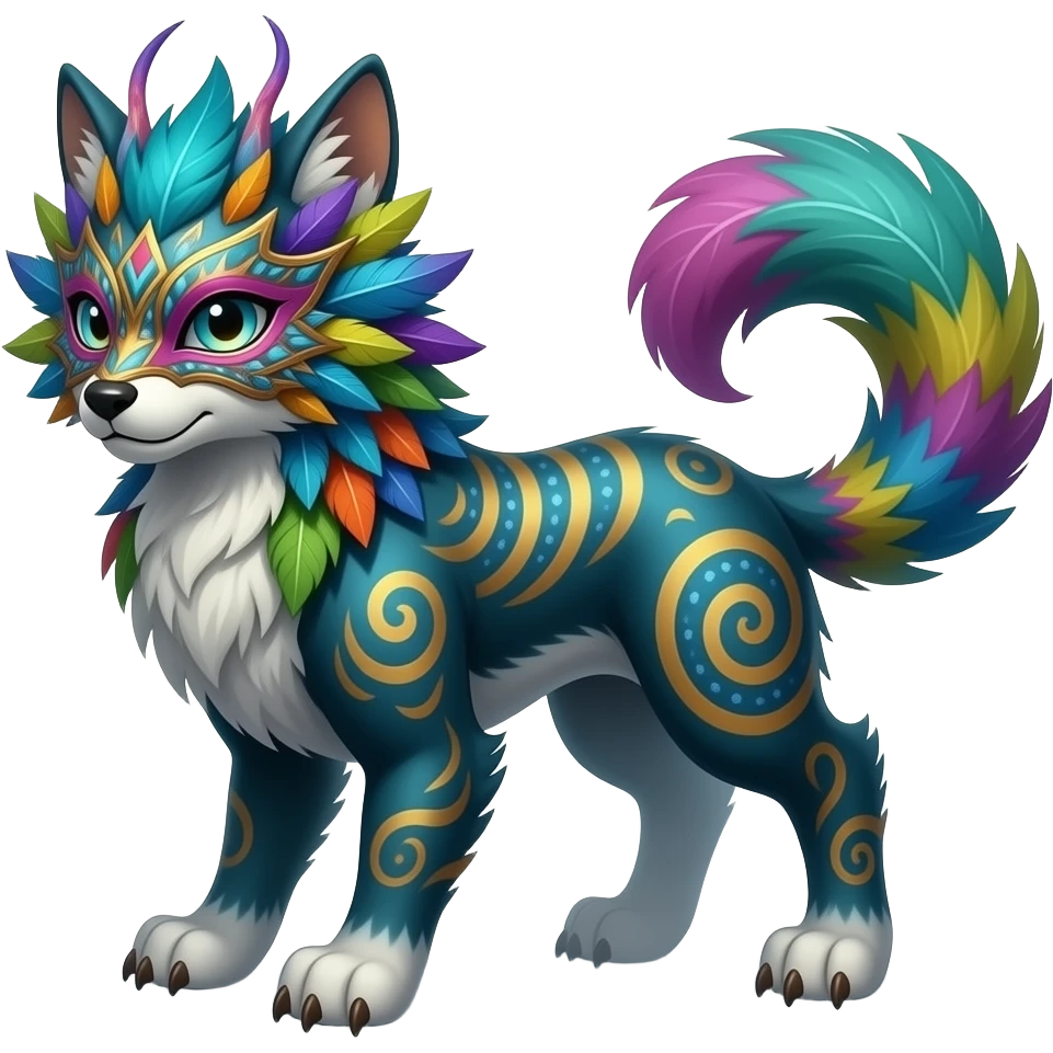 Tropical colorful feathered-masked gloomy foggy eldritch beautiful realistic edgy fantasy vernid-sergal-fursona animal creature full body with intricate markings emoji