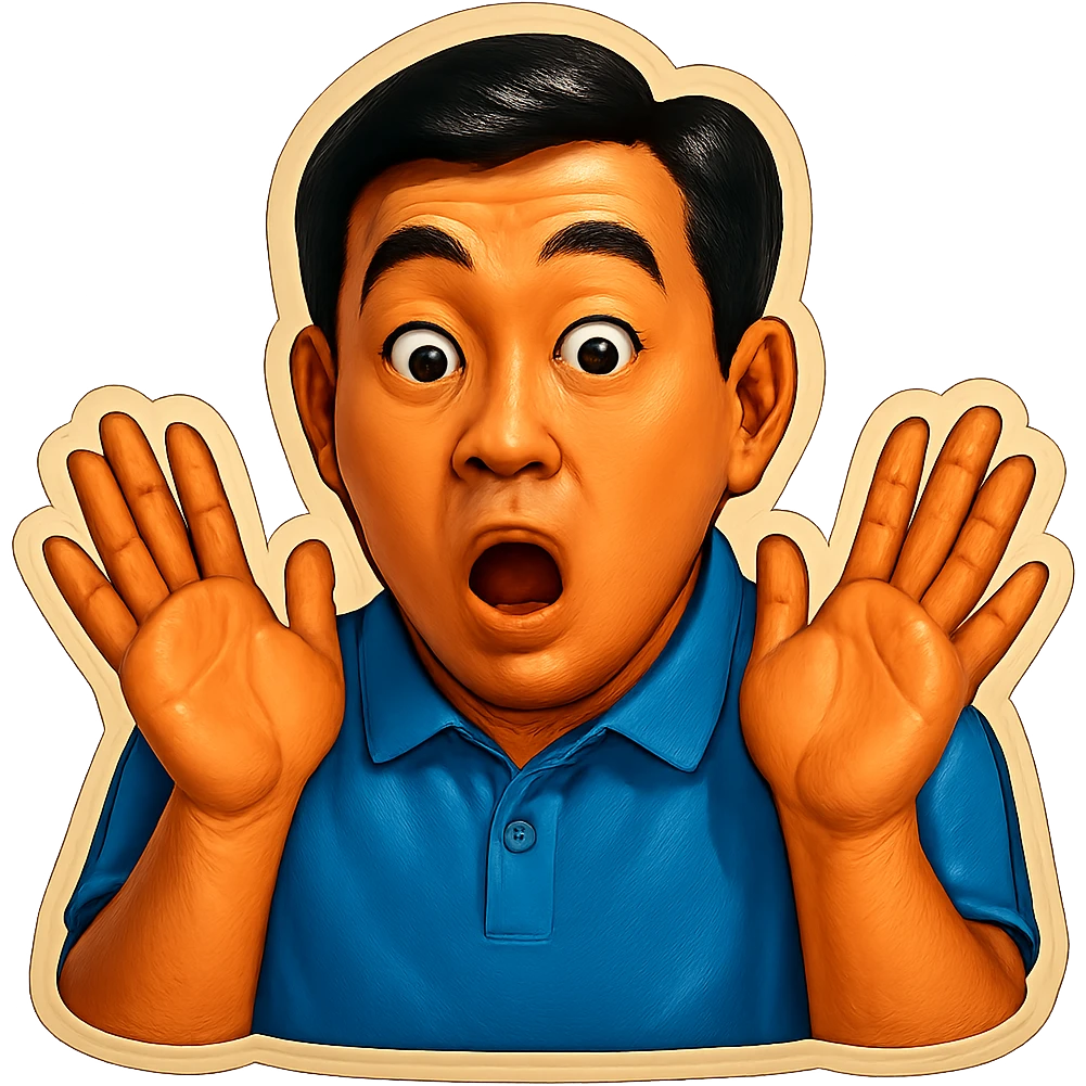 The same Japanese man looks at the viewer with a surprised look, and his hands are empty emoji