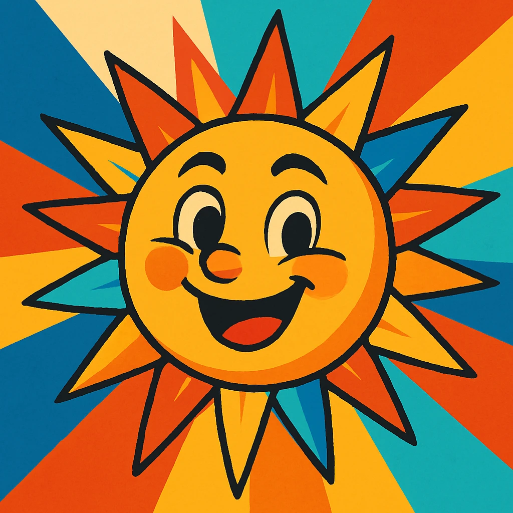 A sun depicted in a vibrant, colorful style with exaggerated features, giving it a lively and energetic appearance emoji