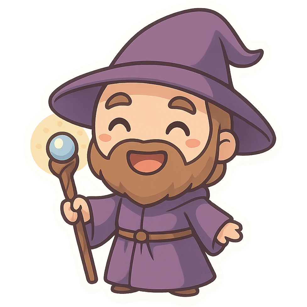 chibi-style wizard with purple robes, magical staff, big happy smile emoji