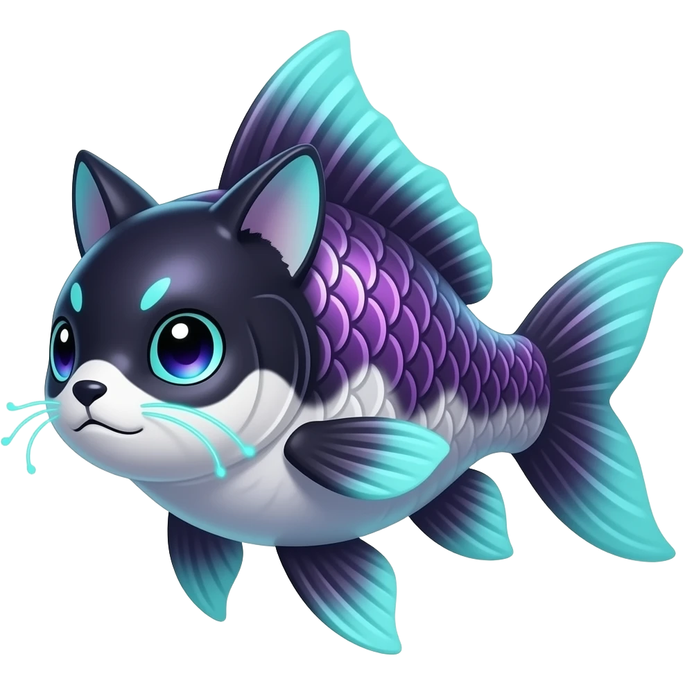 Realistic dusky iridescent-scaled slim smooth shiny glossy elegant mature bioluminescent oil-dark, purplish, neon-cyan-accented, fishy back-finned, abyss-fantasy-Koi-Carp-Lykoi-Bambino-Vaporeon-Umbreon-Civet-Fakémon-fusion, with thin neon-glowing bulb-whiskers, koi-piebald-flecked full body emoji