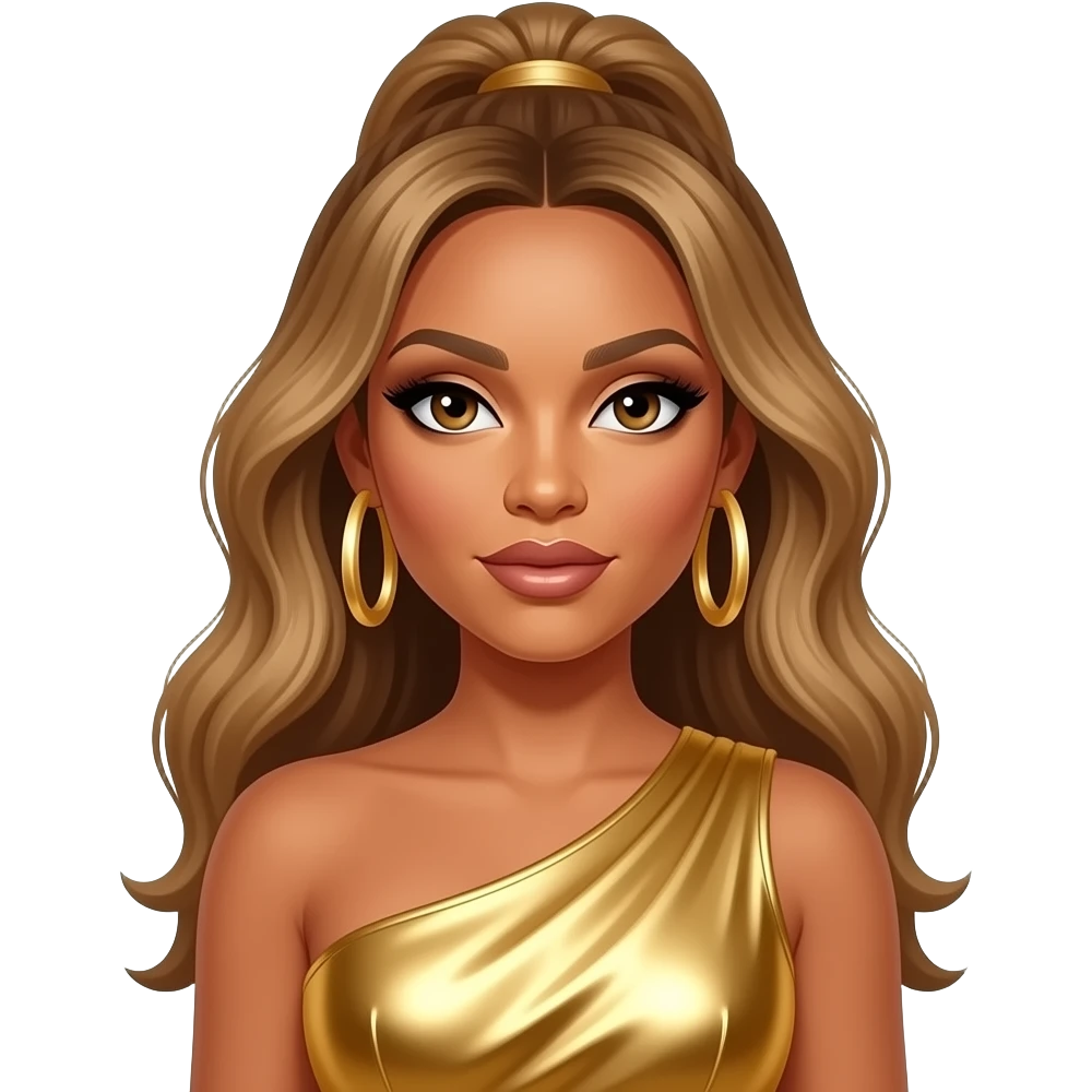 Sasha Fierce (Beyonce) from Alter Ego with hazel eyes, long golden brown hair with updo, gold metallic one shoulder dress, gold earrings emoji