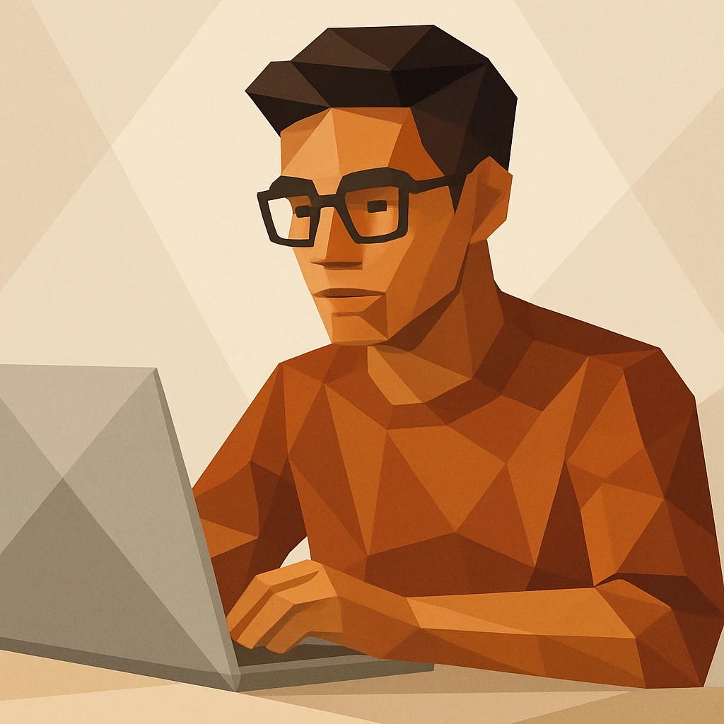 a designer with tan skin and square glasses using a laptop, clean modern illustration style emoji
