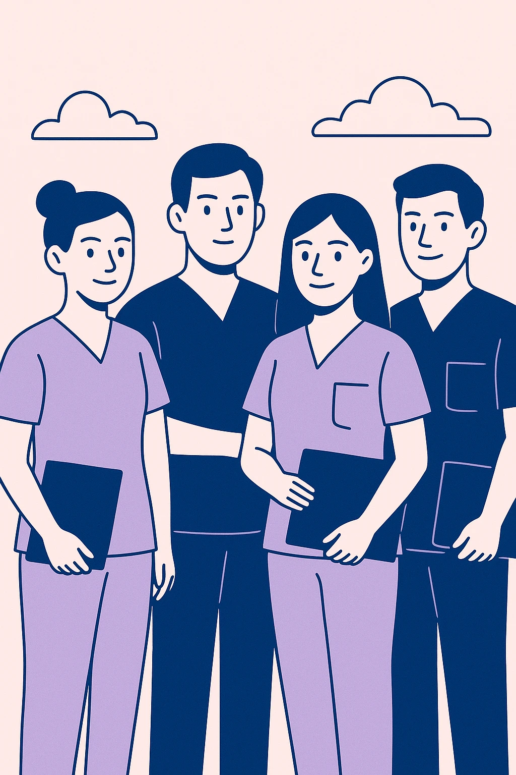 group of four nursing students, short-sleeve nurse uniforms, no stethoscope, clean flat design style emoji