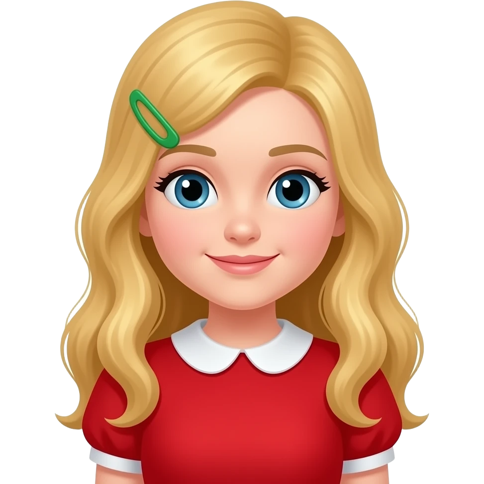 cute girl wear a red frok and golden hairs and wear green hair clip emoji