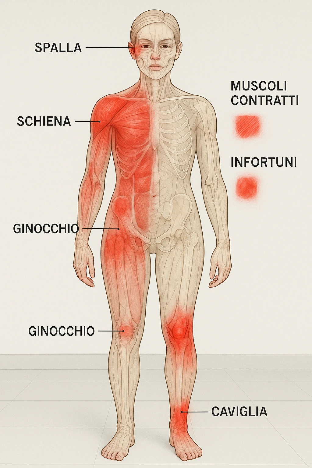 donna con infortuni e contratture frequenti in 3D immagine medica in italiano  emoji