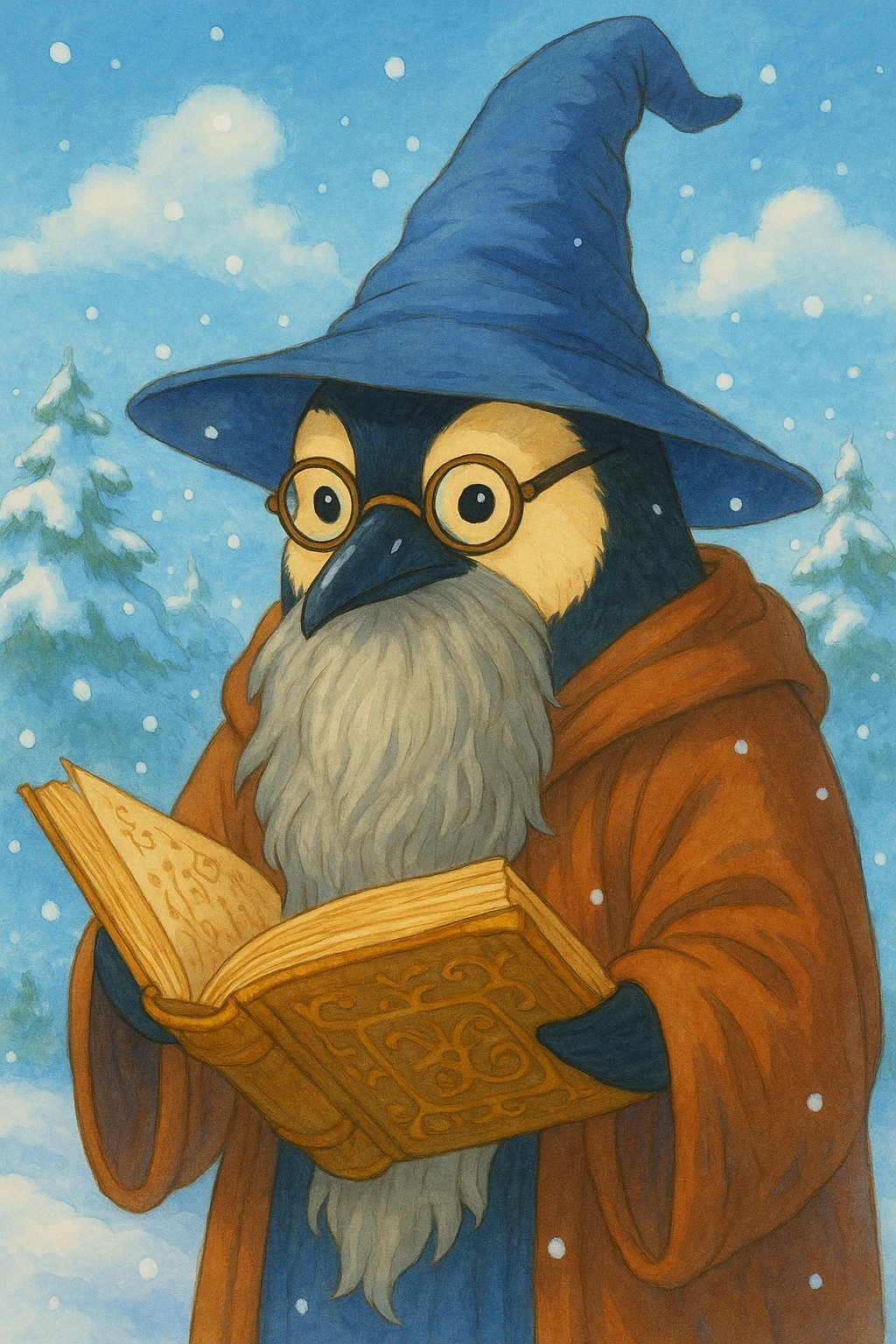 Add a snowy background to the wise penguin wizard with glasses, a long beard, and a spellbook, keeping the fantasy illustration ghibli style. emoji