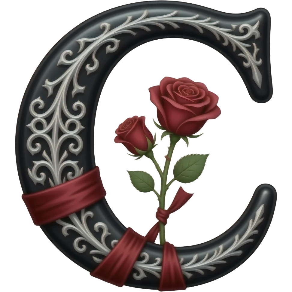 A heavy obsidian table bar letter 'C' with silver filigree engraving. Deep red velvet roses with thorny stems wrap over the letter. Glowing moonlight effect, dark and moody atmosphere, deep glowing emoji