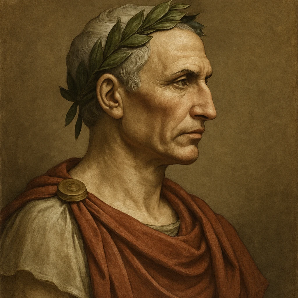 Julius Caesar, Roman general, laurel wreath, ancient Roman attire, iconic profile, historical figure emoji