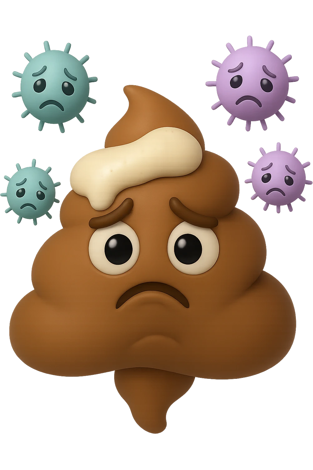 emoji stile iphone 3d di una cacca con muco bianco sopra, dietro cui fluttuano batteri intestinali tristi, iperrealistiche 4k emoji