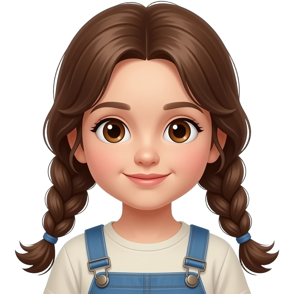 Niña pequeña con dos coletas muy largas y onuladas marones y ojos marrones con ropa emoji