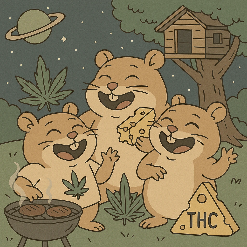 Discord server icon, 512x512 px, square format, summer pool cookout scene with up to 3 hamsters laughing and having a good time, weed leaf, cheese, and THC theme, near a treehouse, in space. Flat toon style, soft but colorful, bold outlines, nostalgic, fun, inviting, summer party vibe, clear composition, less vibrant colors, crisp details, designed to look good even at tiny size. emoji