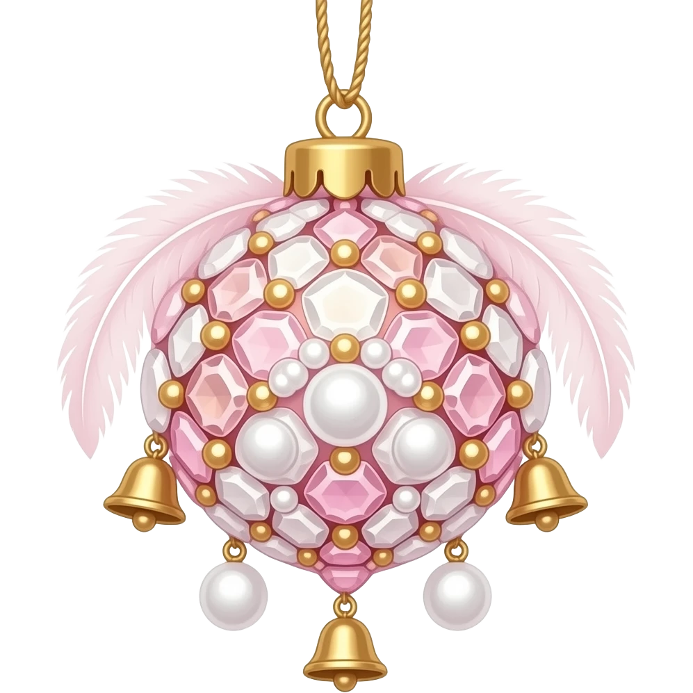 Hanging pastel Sakura-pink white gold crystals white-pearly ornament with bells and feathery emoji