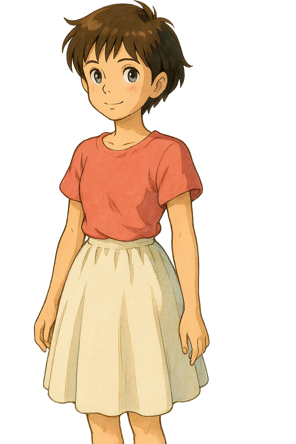 joven con cabello corto, falda blanca y top rosa, estilo ghibli emoji