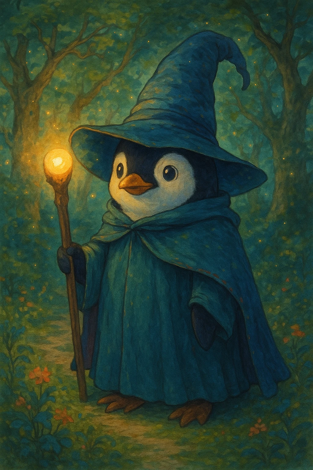 penguin wizard, fantasy, magical, staff, hat emoji