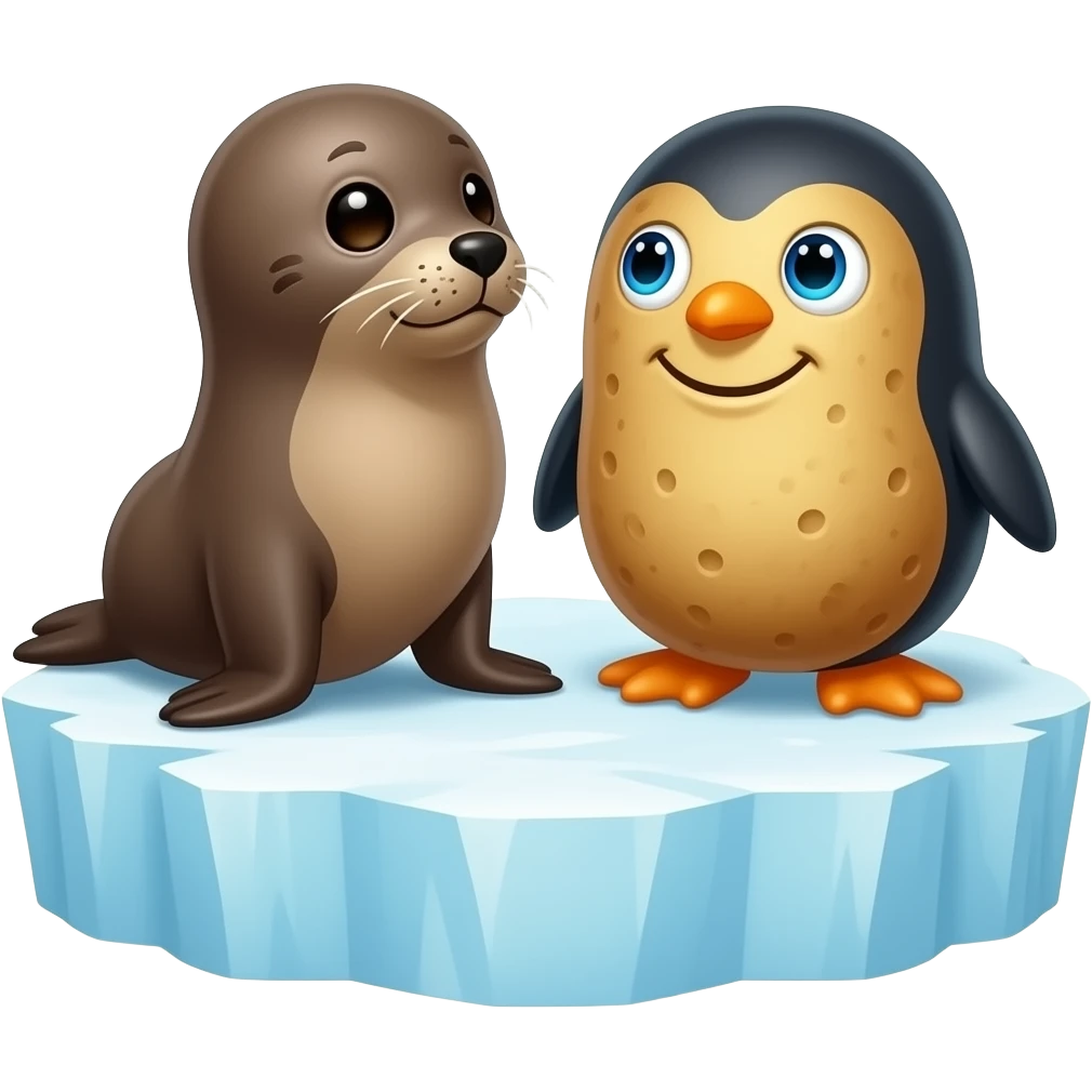 Please make a fur seal-shaped and a potato that is penguin-shaped next to it. And they are playing peek a boo on the iceburg . emoji