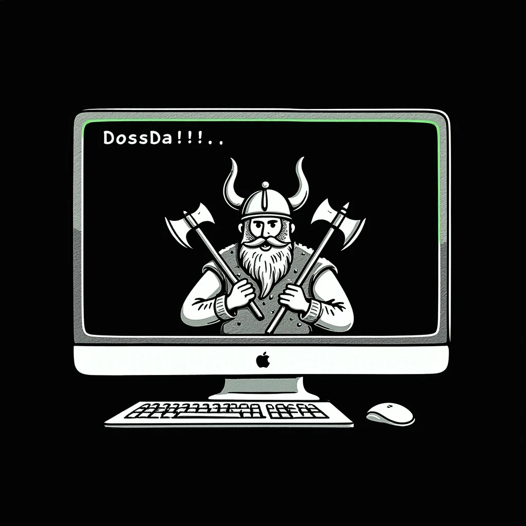 Classic DOS terminal window with the prompt 'Doss', displaying a large ASCII art viking with a beard inside the window, black and green retro style emoji