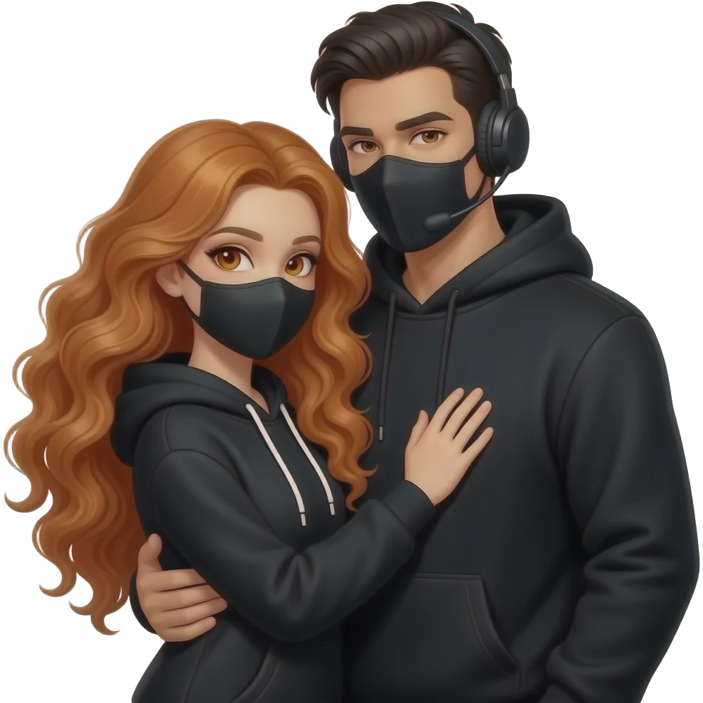 sexy girl with long curly ginger hair and ginger eyes with a black hoodie and mask gets hugged by a attractive blackhaired man with a black hoodie, a headset and a black mask emoji