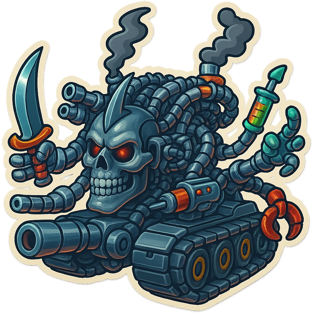 Edit the skull robot tank to have 4 distinct arms, each hand holding a different weapon: one with a blade (not a literal sword), one with a blaster, one with a menacing syringe, and one with a claw. All metal parts should be shiny greyscale, with some non-metal elements having vibrant color accents. Maintain the retro stickers style, clean outline, compact proportions, and transparent background. emoji