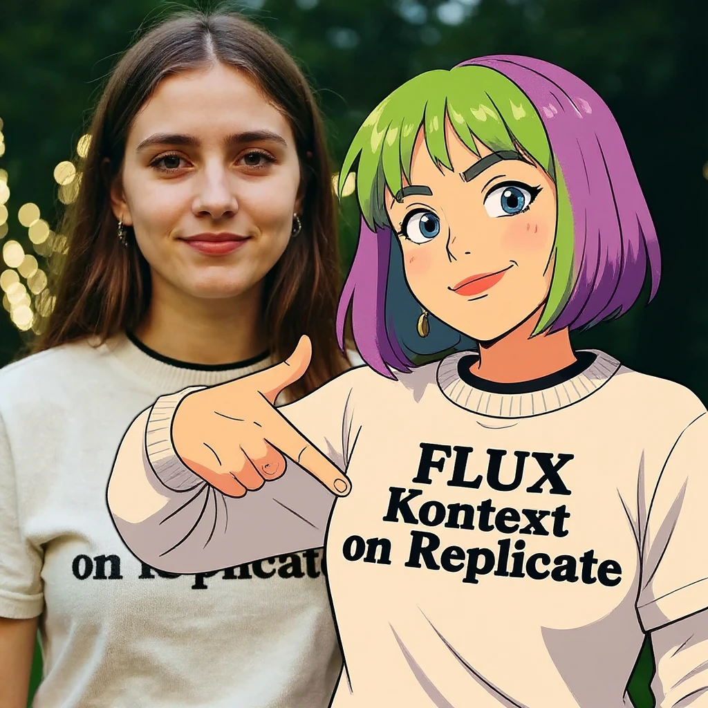 make a image of a girl with a anime version of that girl beside her wearing tshirt with text of "FLUX Kontext", avoid replicate emoji