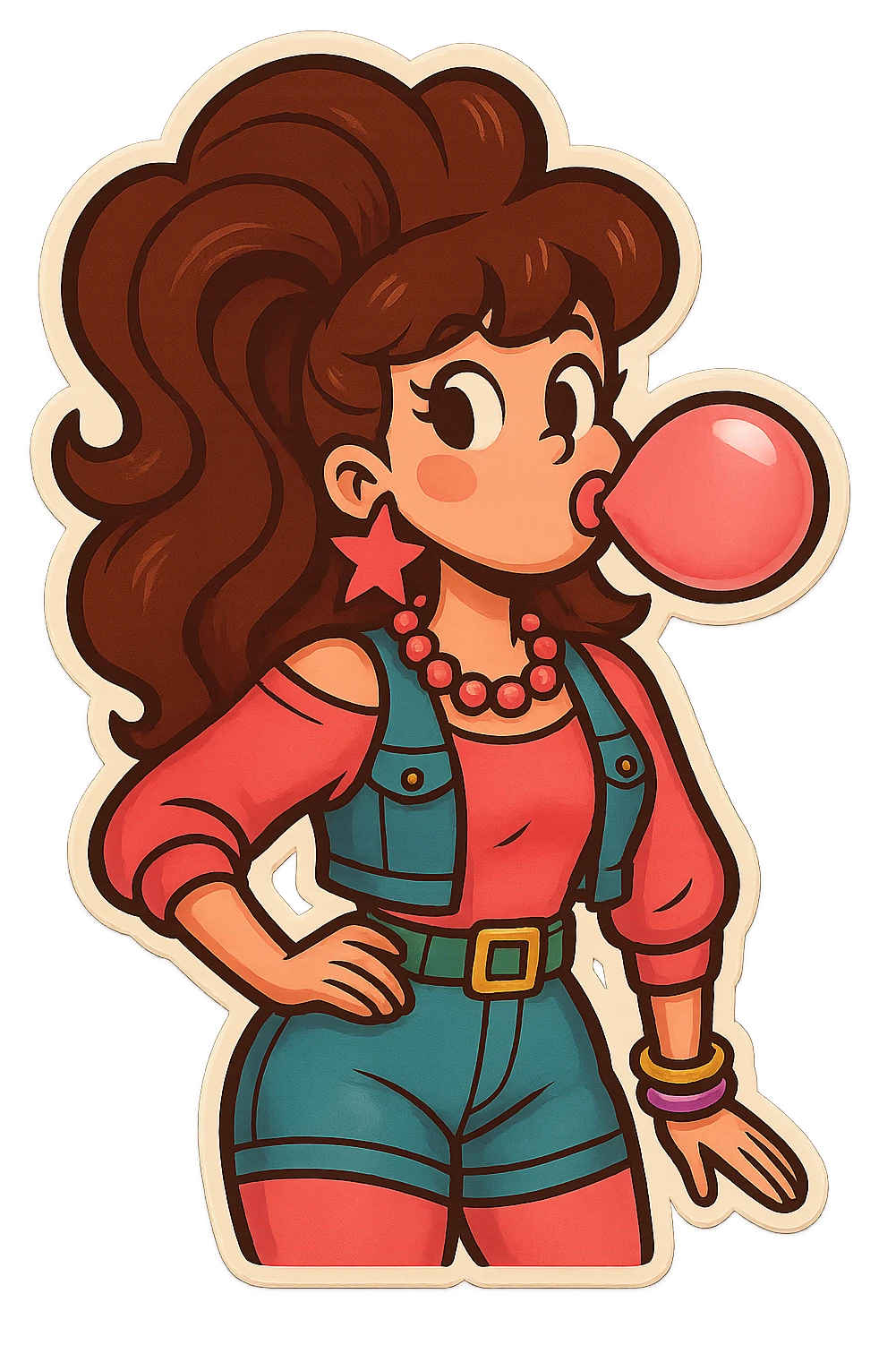 Change the hair color to brunette while keeping the cheerful valley girl style with big hair, bubblegum, and 1980s fashion. emoji