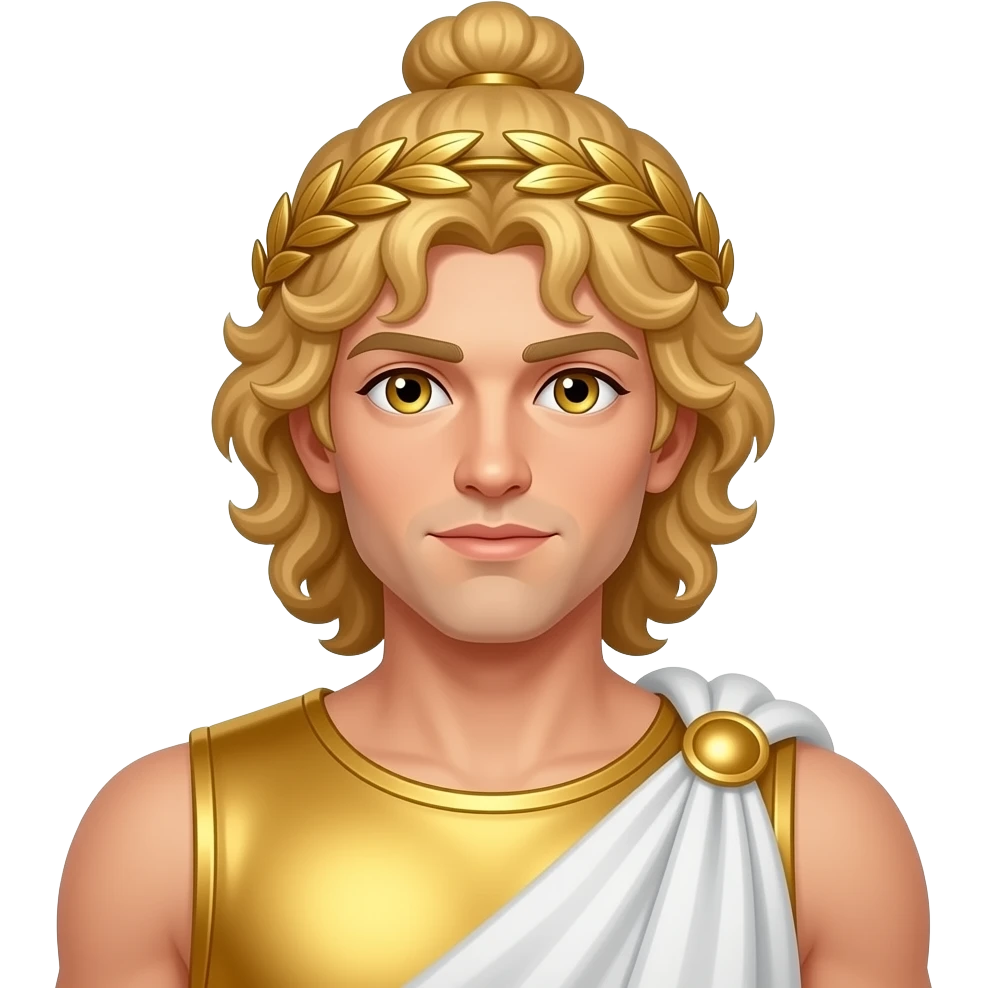 Apollo from Roman Mythology with gold eyes, long blonde curly Apollo knot hair, gold tunic, white cloak, gold wreath headband emoji