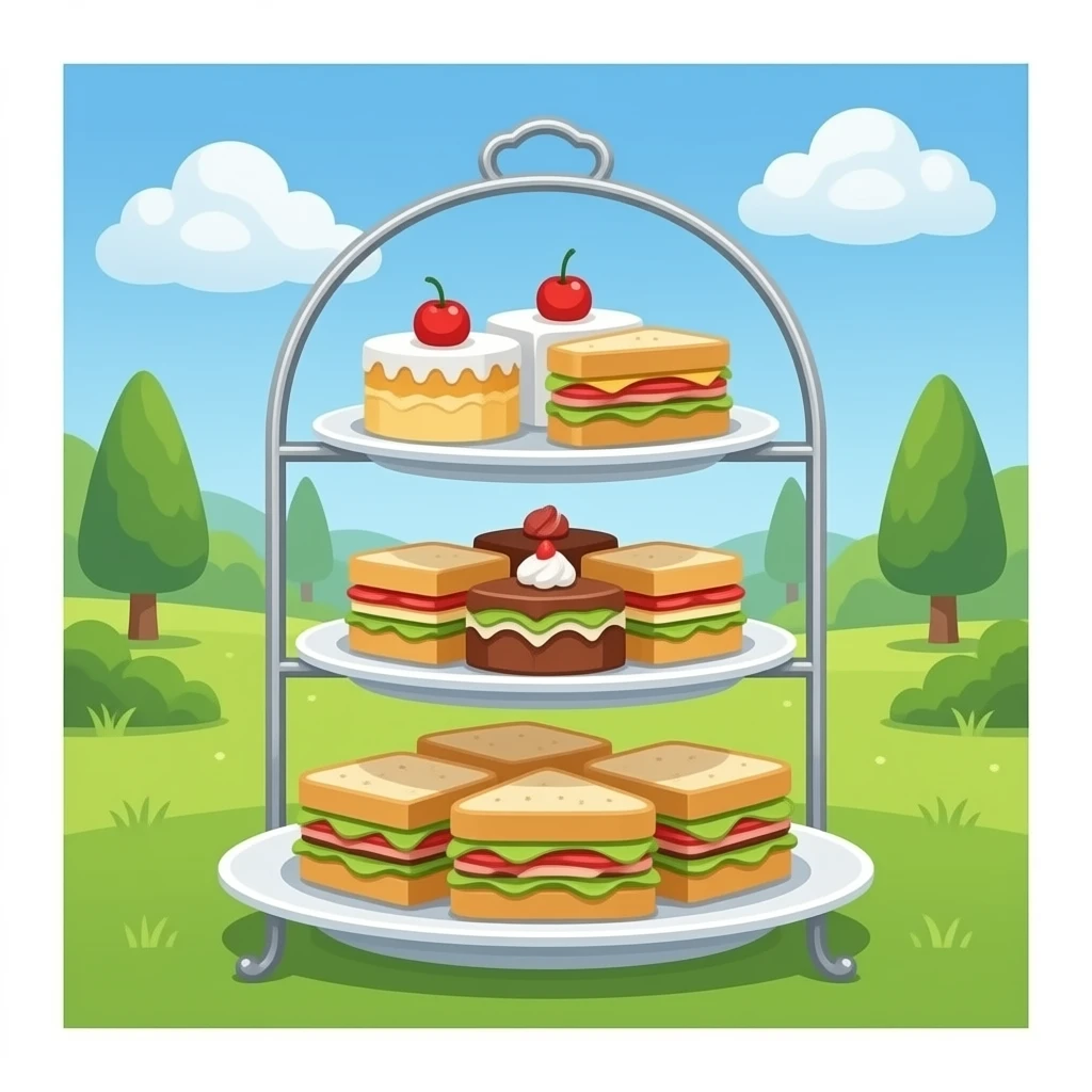 Elegant English afternoon tea stand with cakes and sandwiches emoji