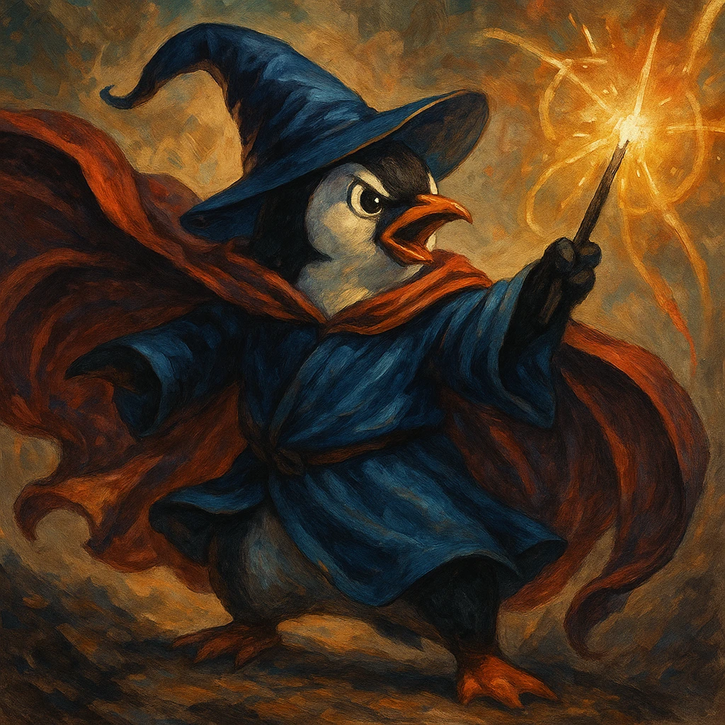 heroic penguin wizard with a flowing cape and glowing wand, dynamic fantasy illustration style emoji