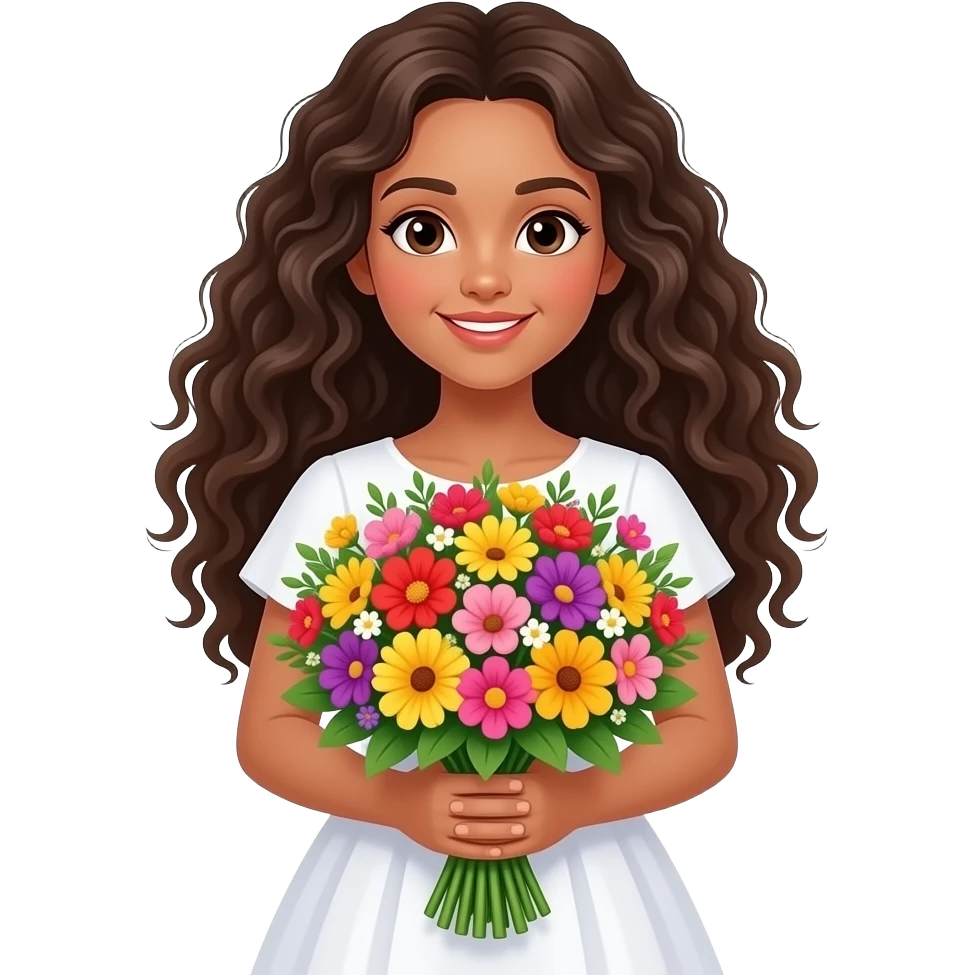 light skinned long curly haired girl holding big bright bunch of flowers. White dress emoji