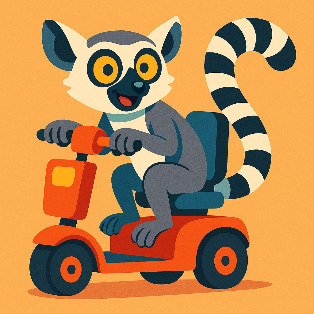 ring tailed lemur riding a mobility scooter, vibrant cartoon style emoji