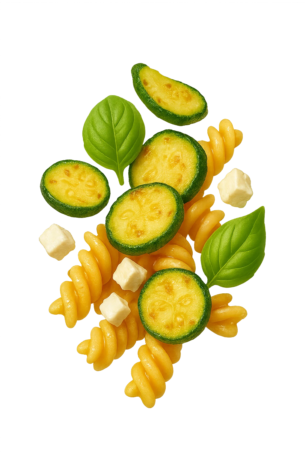 EMOJI STILE IPHONE DI Pasta di riso con zucchine, basilico e feta cade verticalmente, iperrealistica 4k emoji
