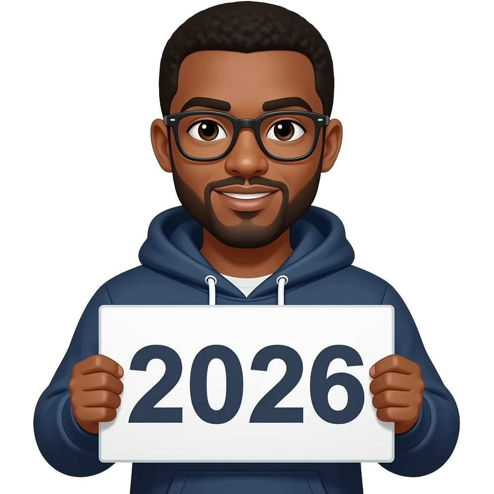 generate black male in hoodie holding a 2026 sign emoji