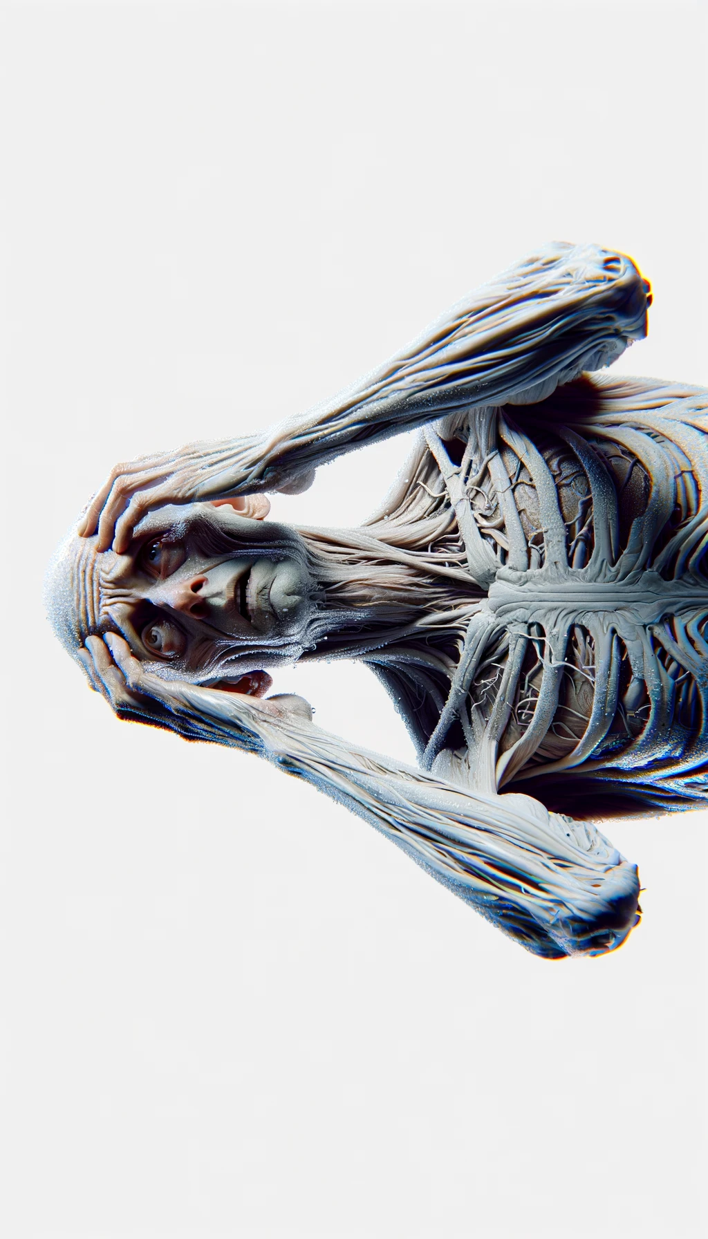CORPO UMANO ANATOMICO REALISTICO DISPERATO, POSA FRONTALE,  SI TIENE LE MANI SULLA FRONTE E NON SA COSA FARE, SUDATO, IPERREALISTICO 4K, SFONDO BIANCO emoji