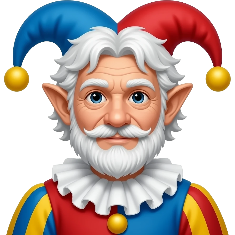 white male, elf ears, big nose, elderly, messy white hair, black eyes, court jester, blue red and yellow, NO BEARD emoji
