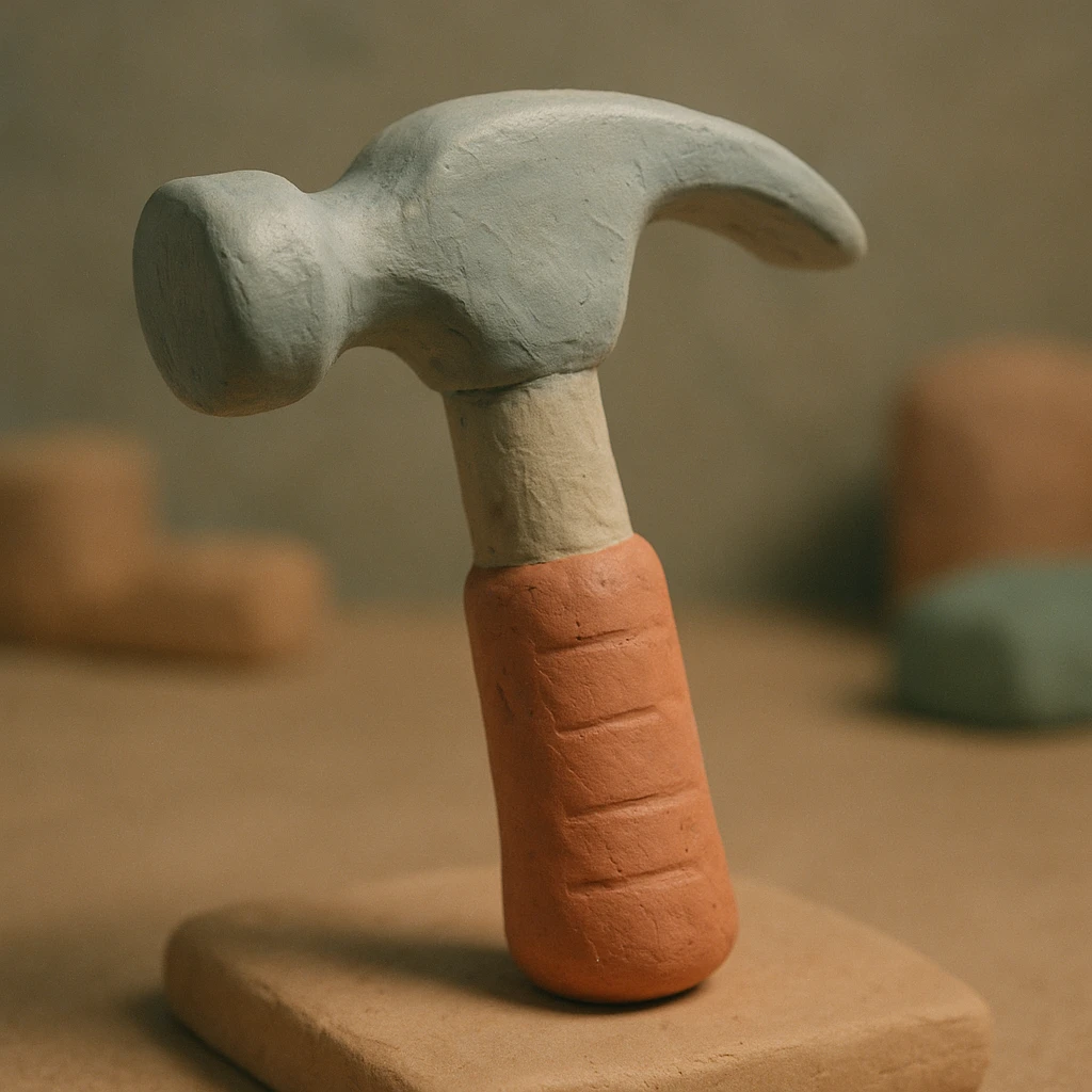 A claymation hammer with a rubber handle and a smooth metallic head, matte texture with visible fingerprints, pastel colors emoji