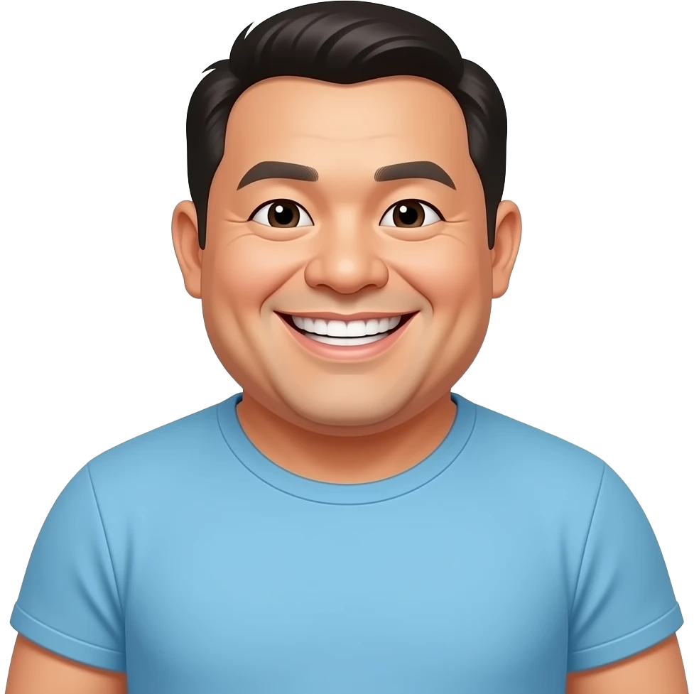 super ulgy aisan fat man wearing a light blue t-shirt, simle with teeth emoji