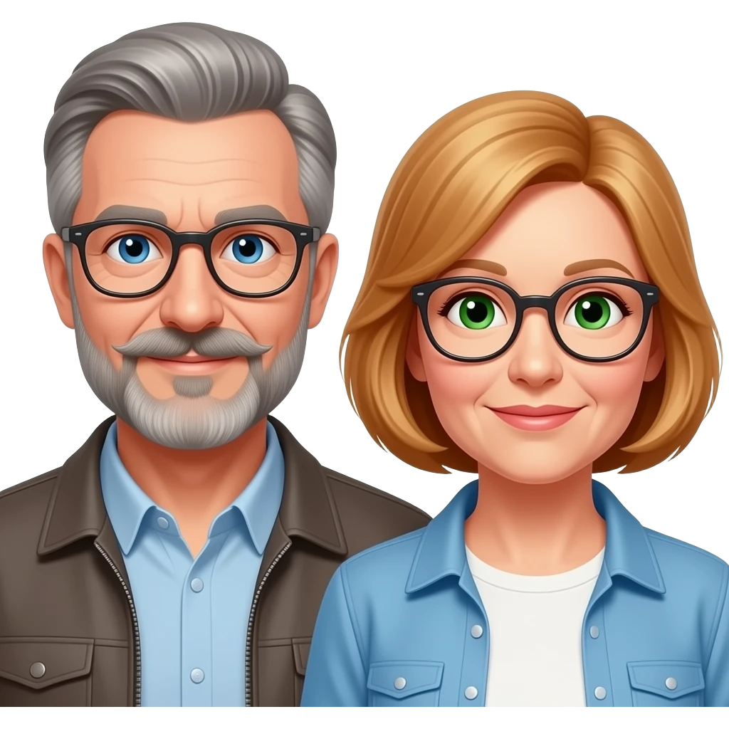 Emoji of a senior man  with blue eyes a beard mustash  wearing glasses with a mature lady  with reddish blonde hair glasses and green eyes  both dressed casual emoji