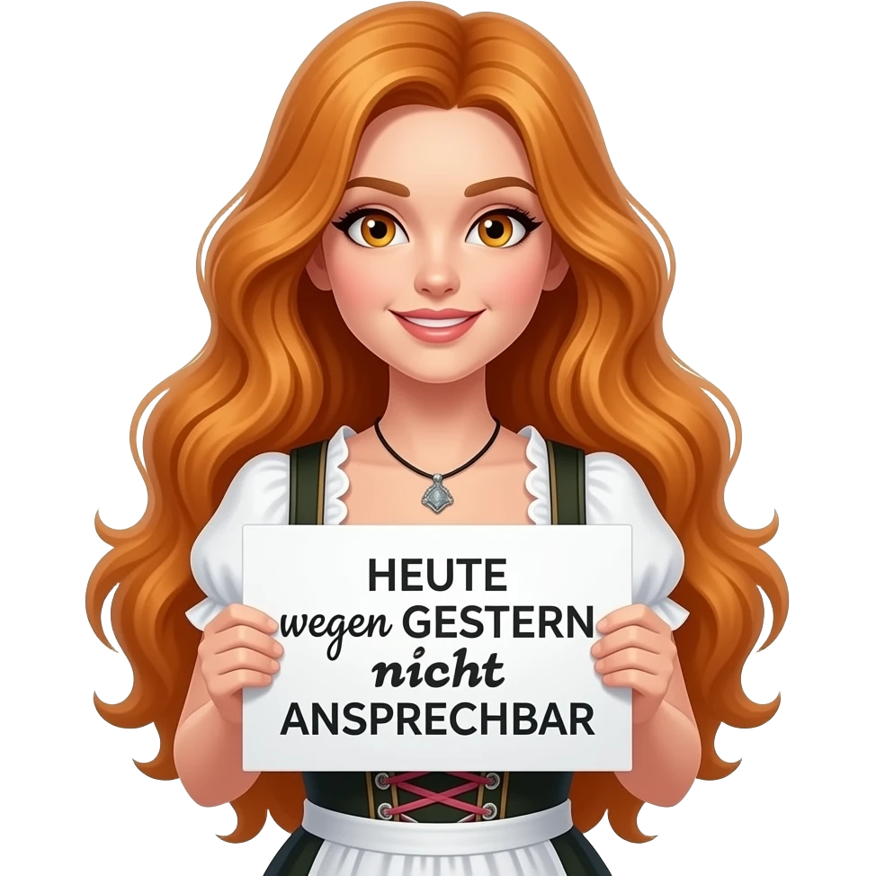 sexy girl with overlong ginger hair and ginger eyes wearing a dirndl holding HEUTE wegen GESTERN nicht ANSPRECHBAR sign emoji