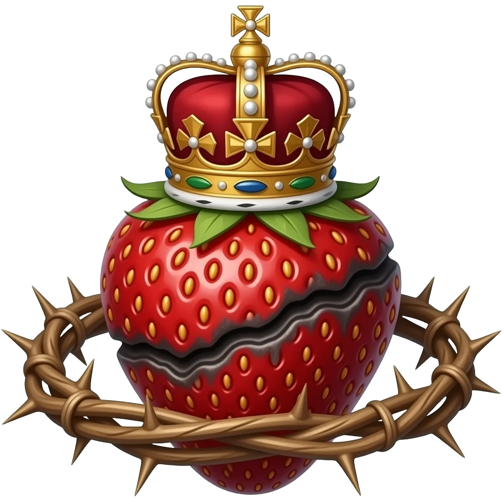 cinematic realistic -a rotten strawberry with a rusty, richly decorated English royal crown on top that is flaming. An oversized crown of thorns is wrapped around the strawberry's body and is spinning around its body emoji