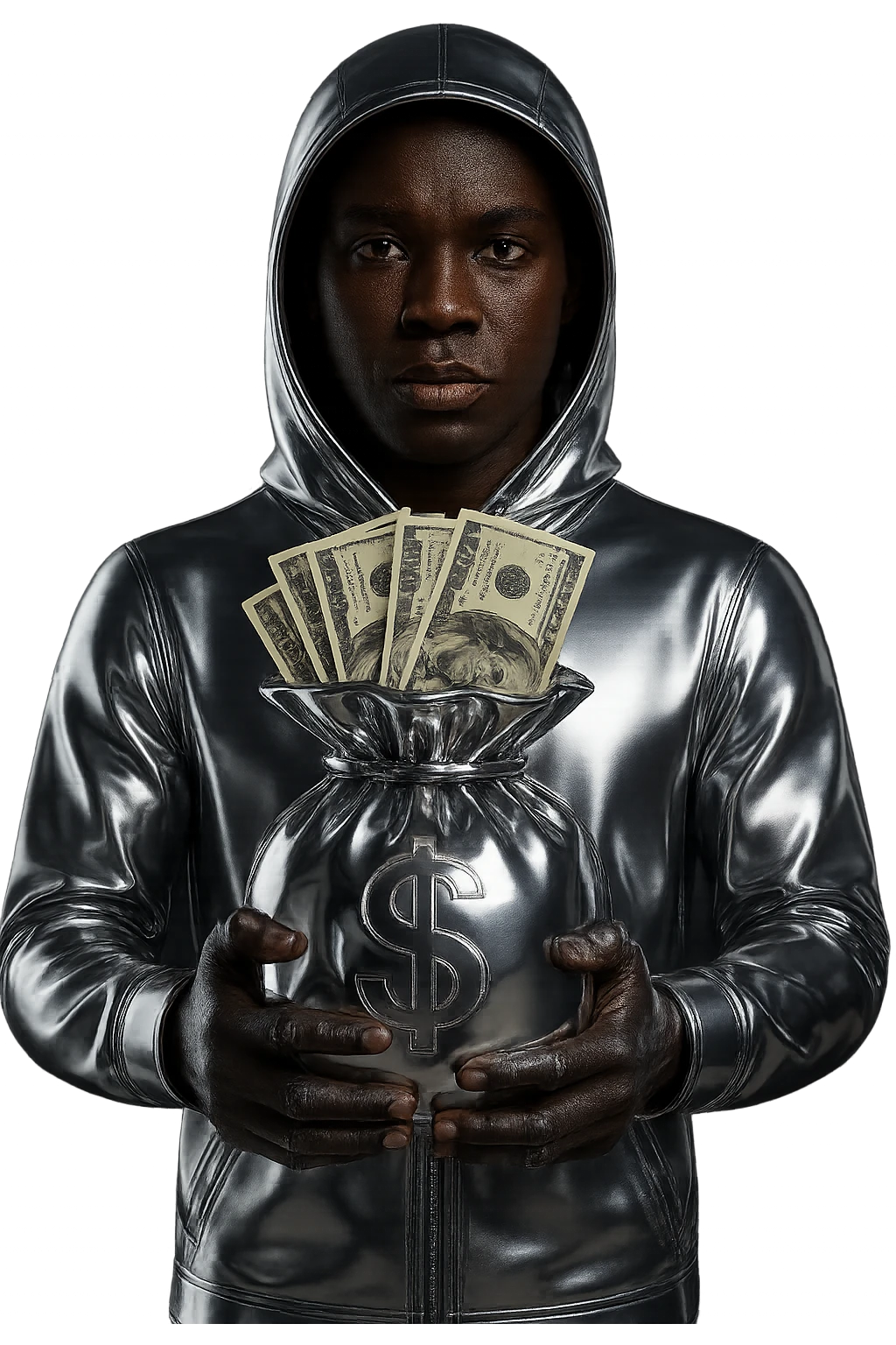 Change the character to have Black skin and facial features. Dress him in a chrome hoodie instead of the current suit and helmet. Have him hold a chrome money bag with realistic photorealistic US dollar bills sticking out. Keep the background transparent and the bills photorealistic. emoji