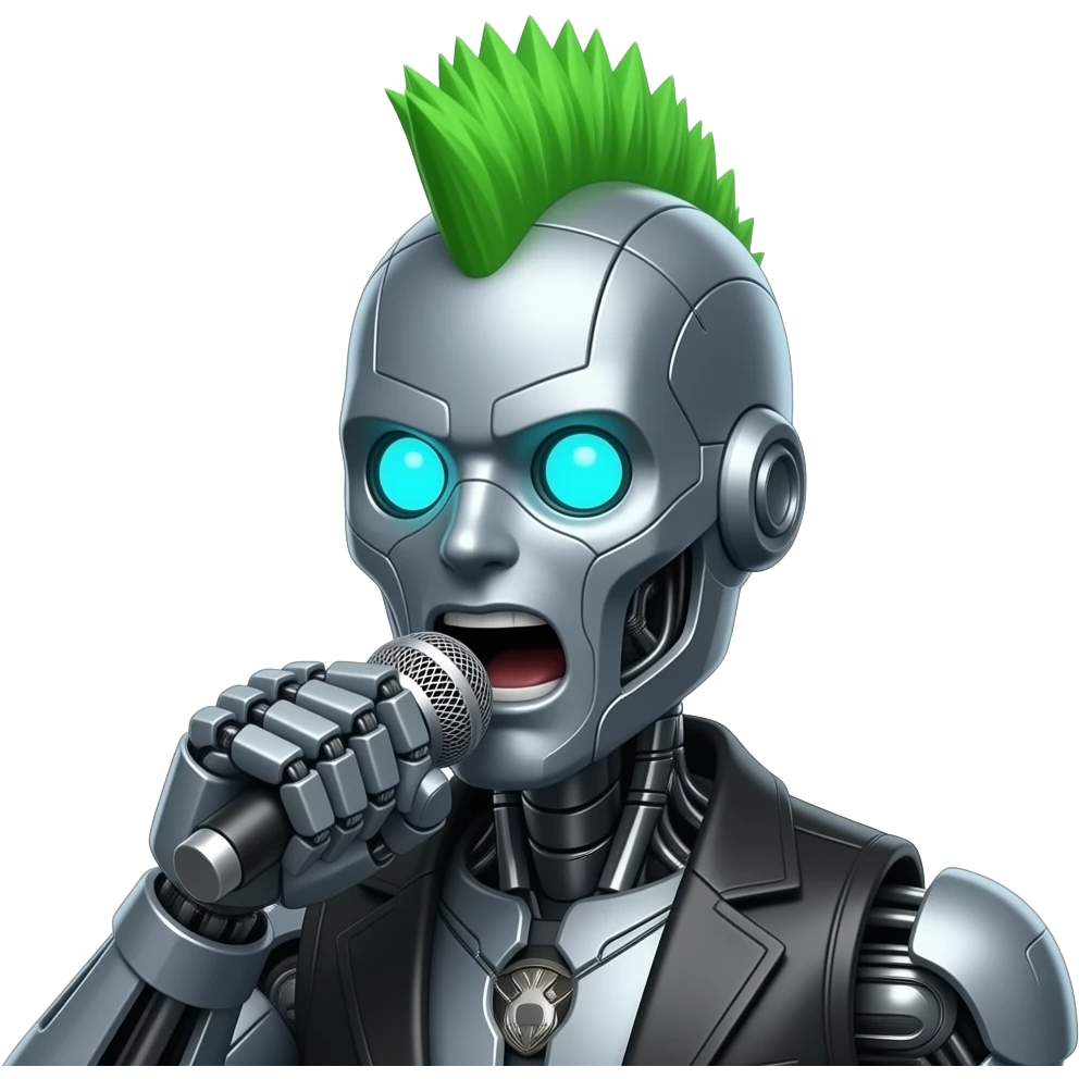 heavy metal rockstar robot, green Mohawk, singing , close up bust size front facing emoji