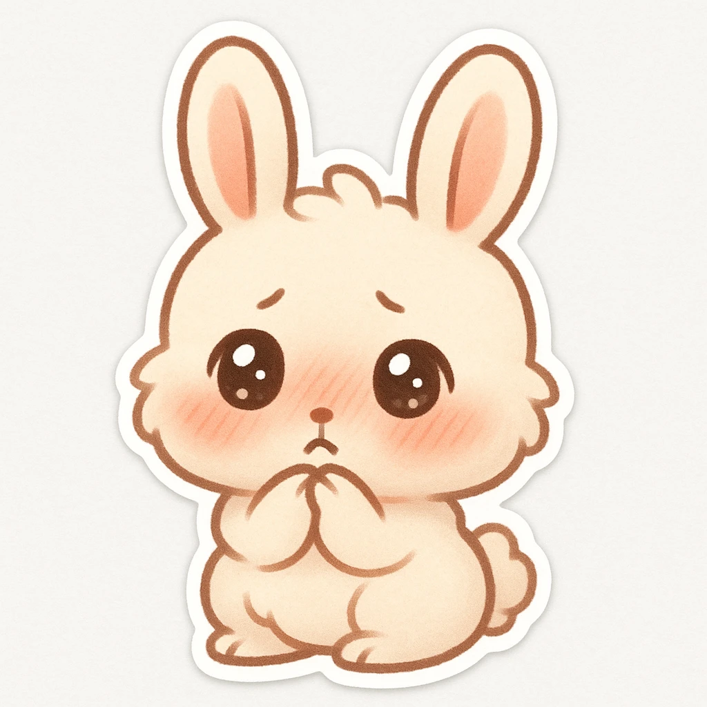 chibi sticker of a fluffy bunny, big sparkling eyes, soft fur, pink cheeks, bashful and shy, slight blush, simple and clean, white background, emote design emoji