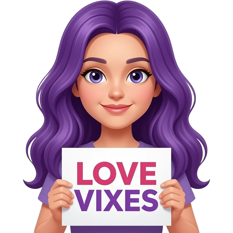 girl with long purple hair with a LOVE VRIXES sign emoji