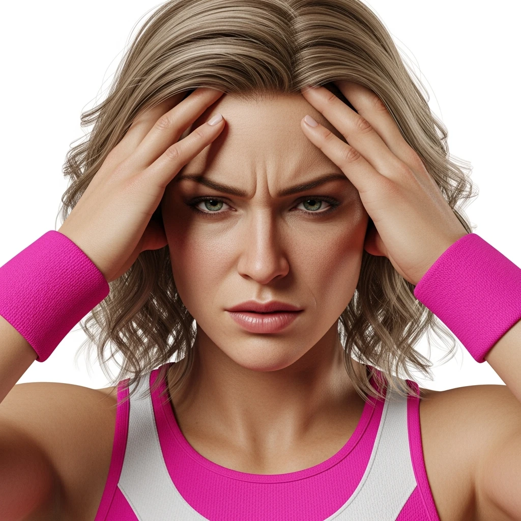 DONNA FITNESS STRESSATA CHE SI TIENE LE MANI SULLA FRONTE, IPERREALISTICA 4K, SENZA SFONDO emoji