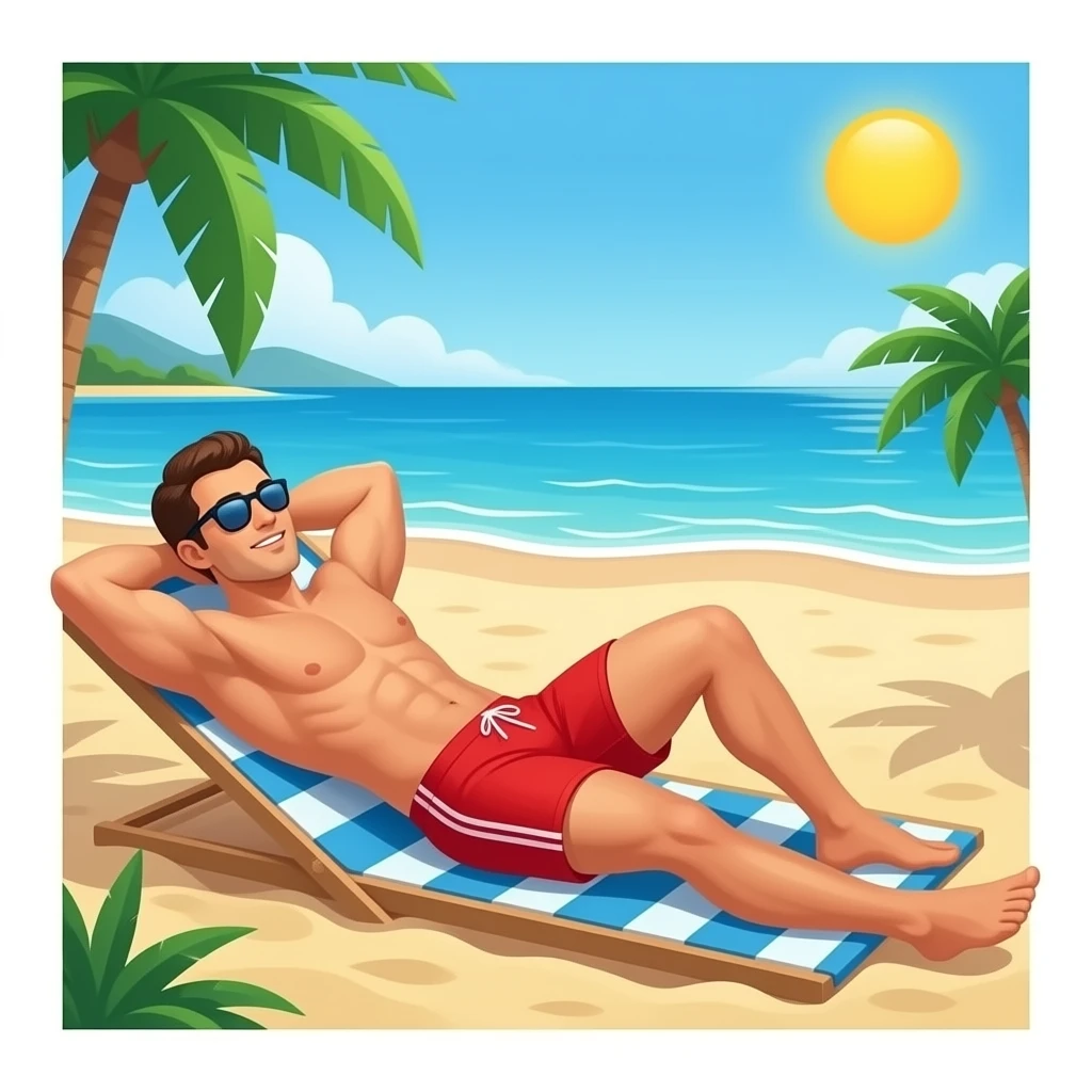 Erstelle ein Bild von einem Strand, mit im Bild ist ein Mann zusehen der sich im liegen sonnt, er trägt rote enge speedo und Oberkörper frei und trägt eine Sonnenbrille emoji