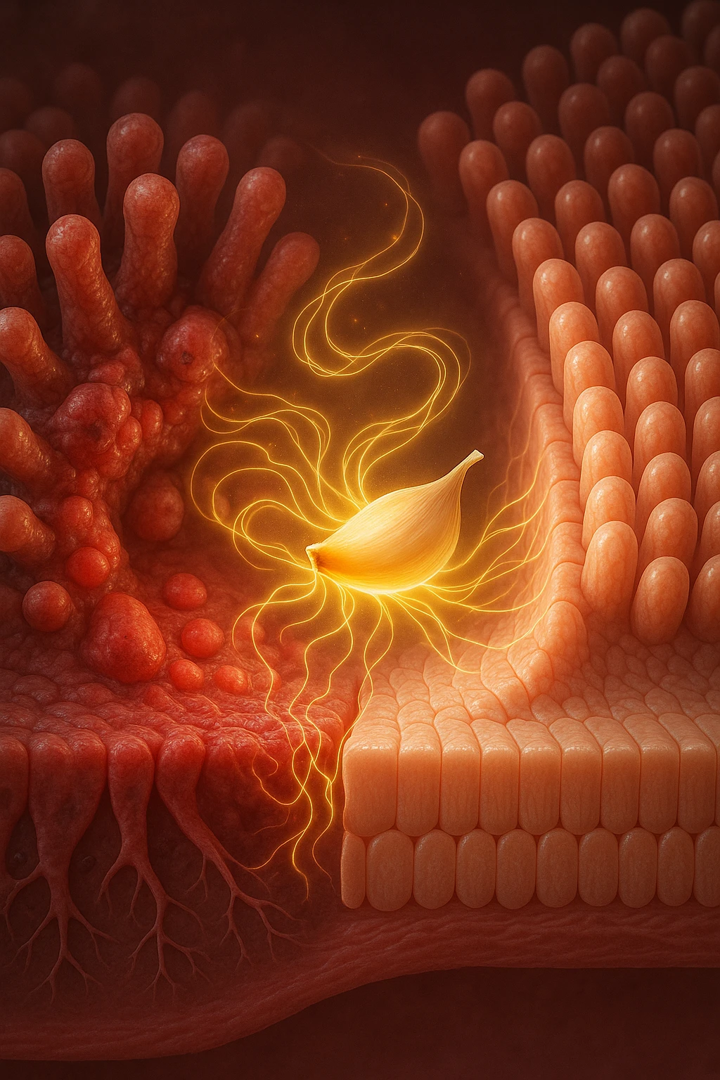 Scientific visualization. A damaged, inflamed section of intestinal lining. A miniature, glowing clove is positioned like a healer, sending out tendrils of golden energy that soothe the inflammation and weave the cellular barrier back together, creating a healthy, sealed surface. emoji