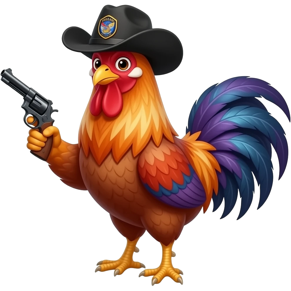 orange, purple Rooster black vet, hat cowboy with gun emoji