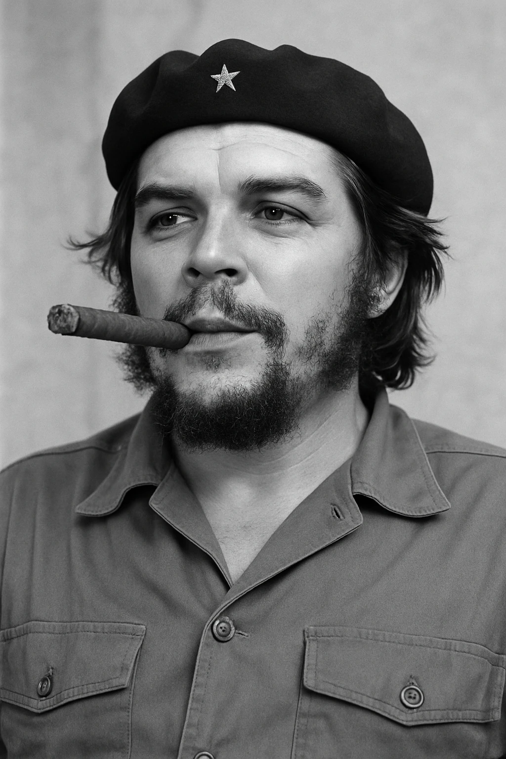 Сгенерируй мне в такой же позе и в такой же одежде Че Гевара и с сигарой в зубах, без надписей и слов emoji